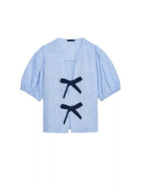 Zara Linen Puff Sleeve Blue Bow Shirt Size S
